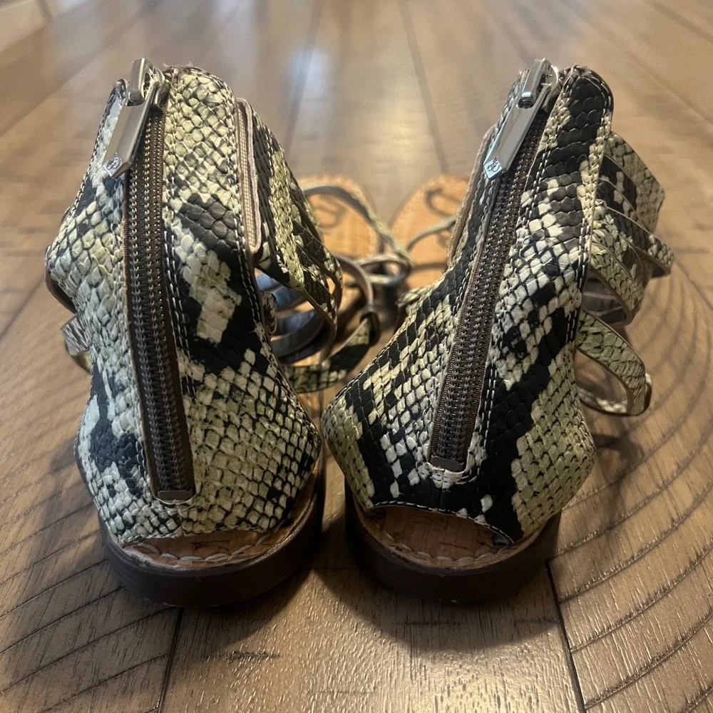 Sam Edelman Women's 9.5 Gladiator Sandals Black Snakeskin Print Wrap Ankle Zip
